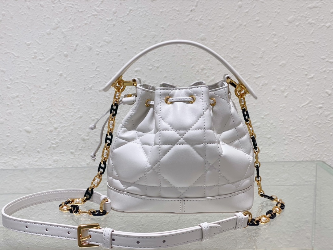 Small Dior Jolie Bucket Bag White Macrocannage Lambskin and Calfskin